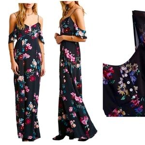 Black Off-Shoulder Floral Chiffon Maxi Dress | XS